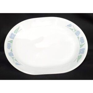 Corelle FRIENDSHIP 12" Oval Serving Platter Plate white w/ blue gray flowers USA